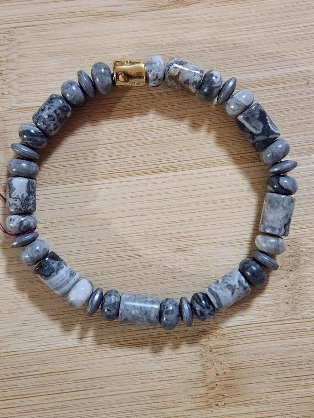 Hand Crafted Gemstone Bracelet Stretch Men's Gray with Gold Accent Bead
